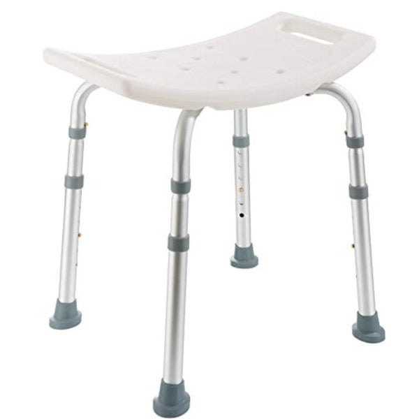 Taburete de ducha accesible, color blanco, con patas antideslizantes para mayor estabilidad. Perfecto para baño asistido.