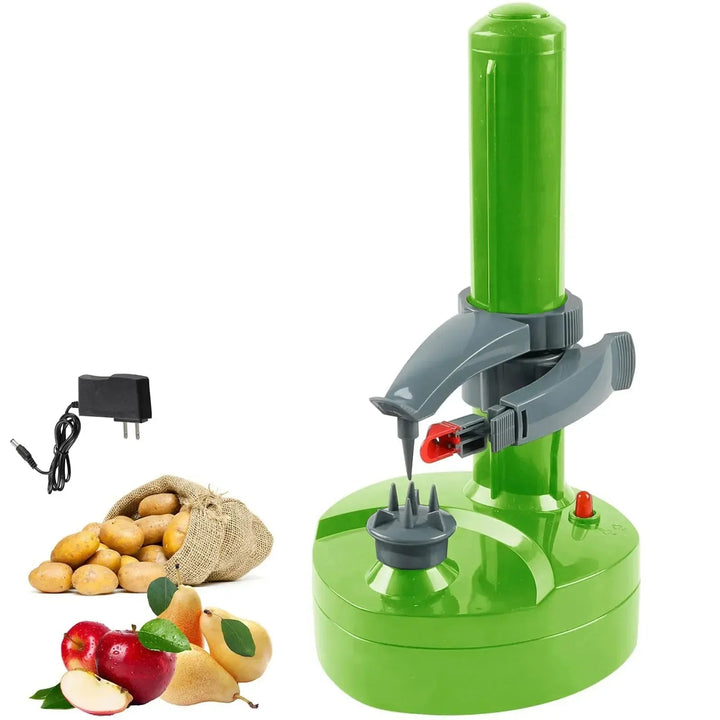 Pelador de patatas eléctrico verde con base antideslizante, un utensilio de cocina robusto y automático.