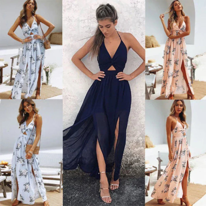Vestido de graduación largo para mujer, con escote halter y abertura alta, ideal para celebrar con estilo.
