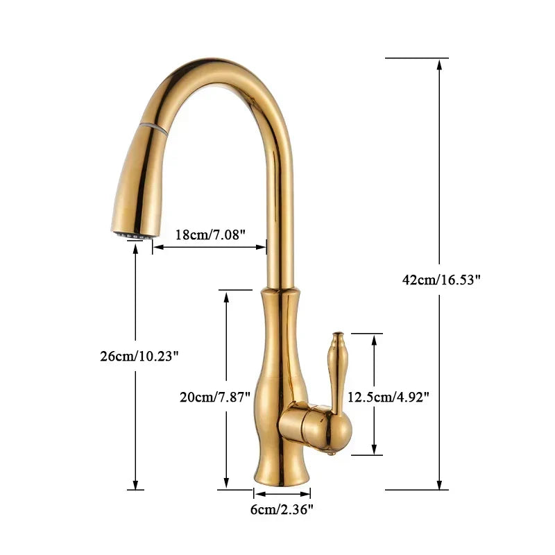 Elegante grifo de cocina de latón, extensible y giratorio, diseño moderno y lujoso.