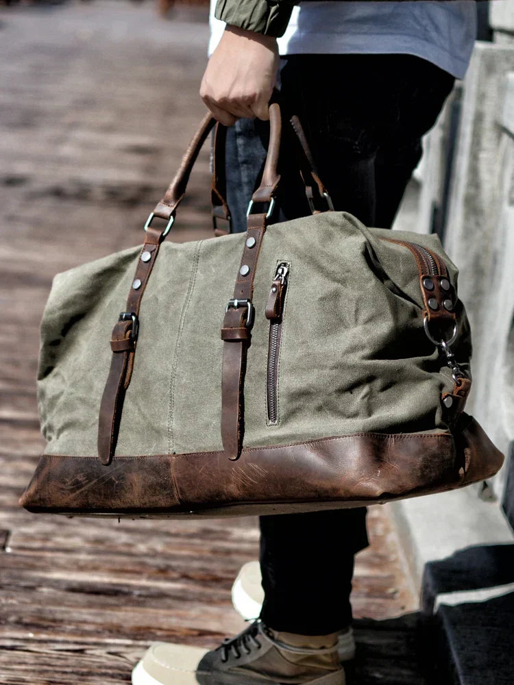 Bolso de lona para viaje, resistente al agua, con asas y correa, diseño unisex versátil.