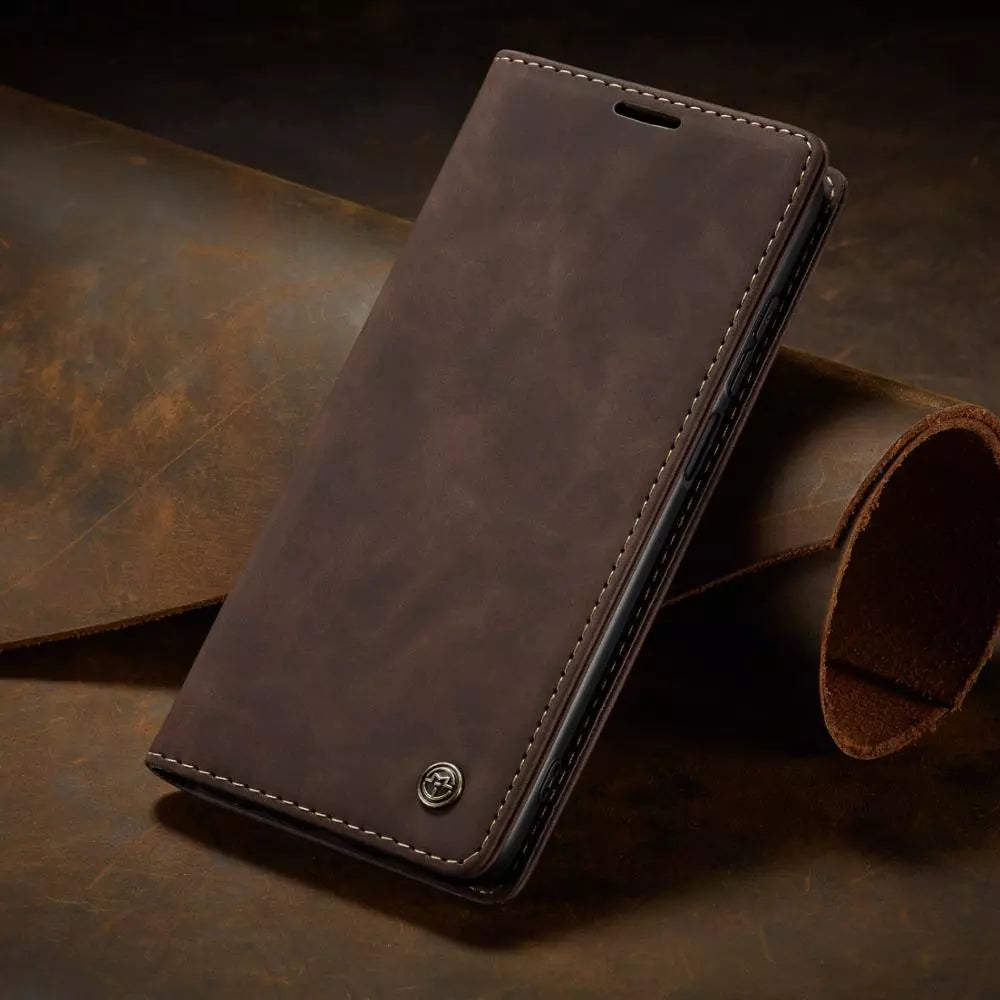 Funda de móvil Samsung tipo cartera con cierre magnético, estuche flip de cuero PU, tarjetero integrado.