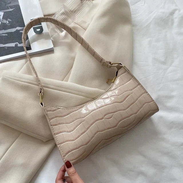 Bolso de hombro de piel de cocodrilo, brillante, ideal para noche o fiesta femenina.