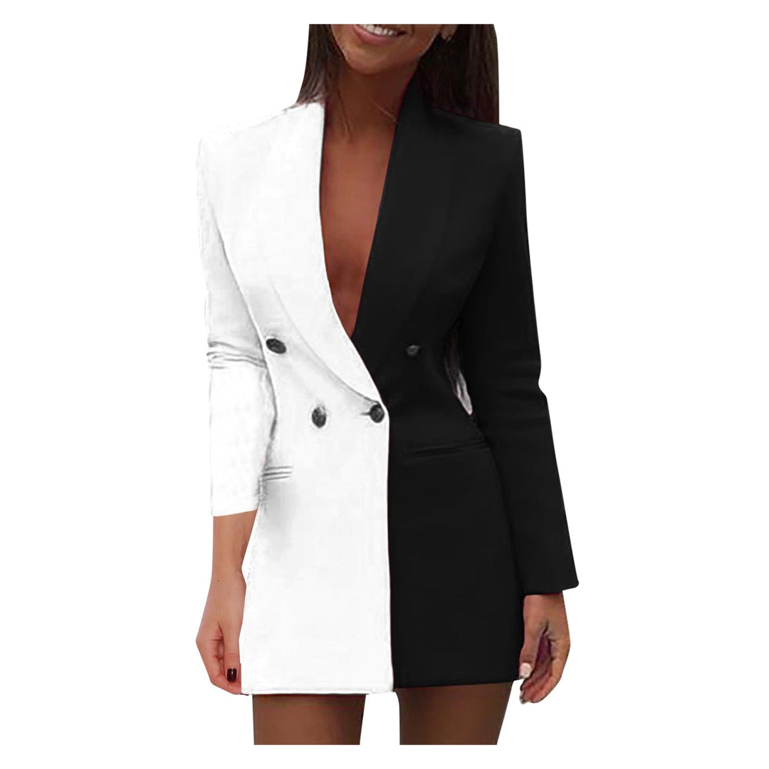 Vestido blazer color block para mujer, formal y de tendencia. Doble botonadura, ideal para oficina, fiesta o eventos especiales.