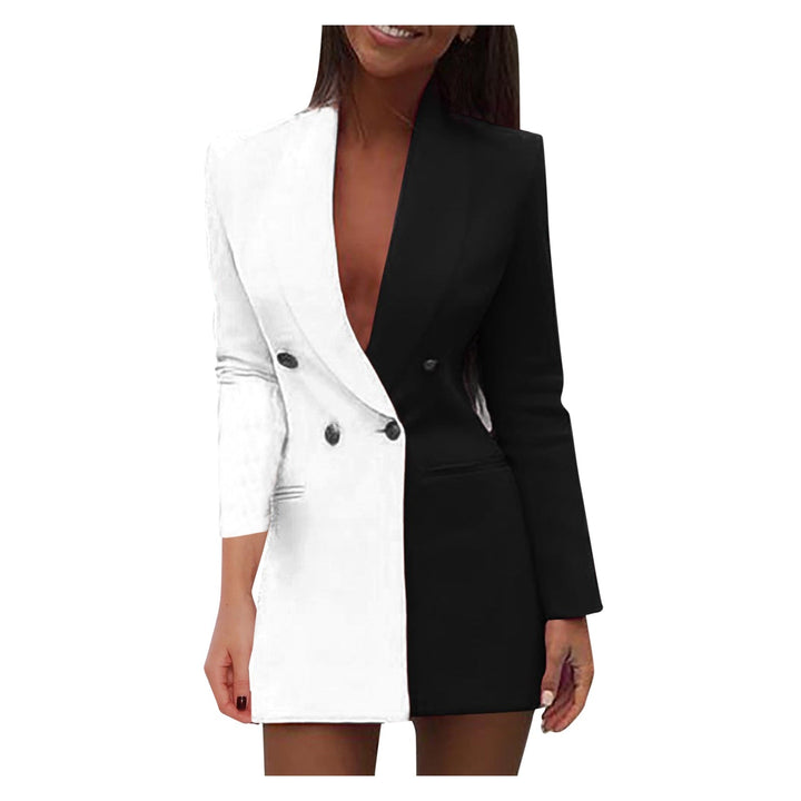 Vestido blazer color block para mujer, formal y de tendencia. Doble botonadura, ideal para oficina, fiesta o eventos especiales.
