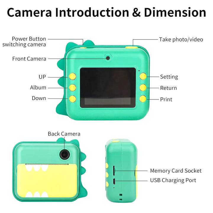 Cámara para niños con diseño de gato y jirafa. Impresión instantánea HD, ideal para fotografía creativa infantil.