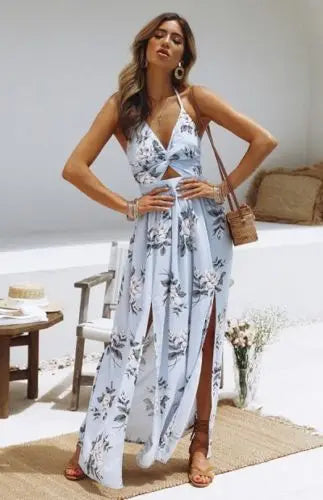 Vestido largo de fiesta para mujer, estilo halter, con raja lateral, ideal para graduación o cóctel.