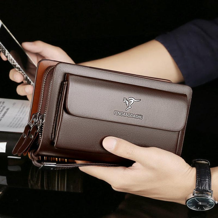 Cartera de mano de PU marrón para hombre, multifuncional y perfecta para negocios o uso diario.