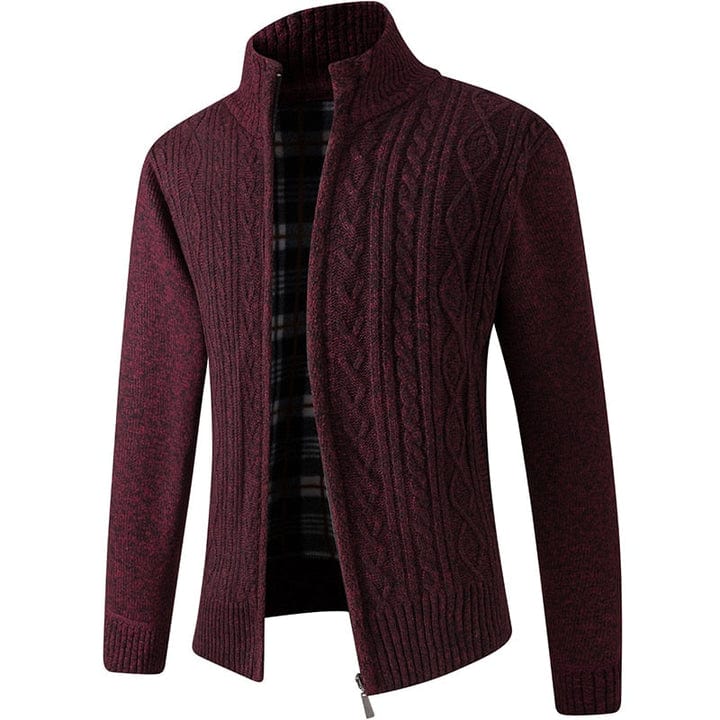 Primer plano de cremallera en chaqueta de punto de hombre, estilo casual y máxima comodidad.