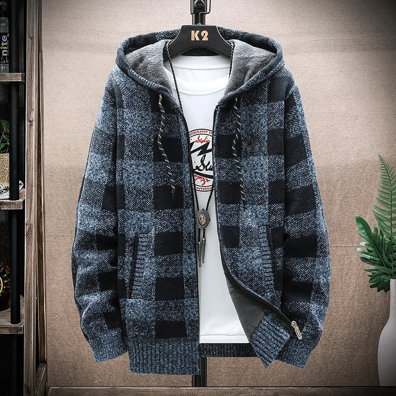 Chaqueta de hombre a cuadros tipo leñador, con capucha y cremallera. Abrigo casual de invierno, estilo y confort.