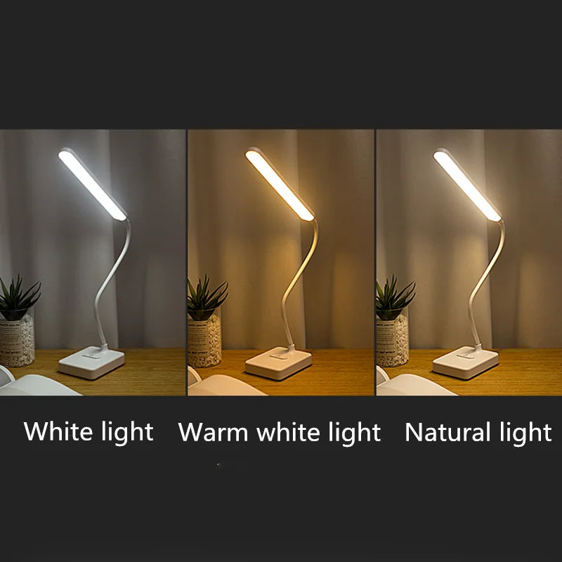 Lámpara de mesa LED moderna y táctil para oficina. Iluminación regulable, portátil, con puerto USB y soporte para móvil.