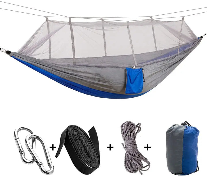 Hamaca de descanso portátil con mosquitera, protege de insectos en tu aventura de camping y senderismo.
