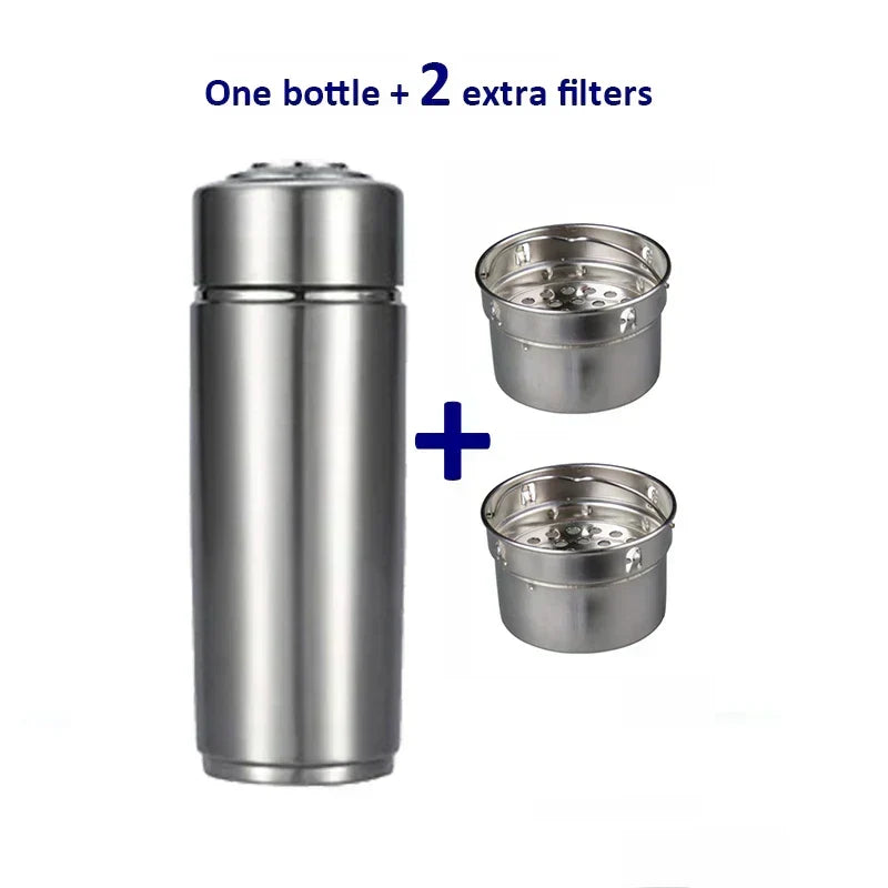 Botella de agua con infusión de hidrógeno, promueve bienestar y hidratación alcalina.