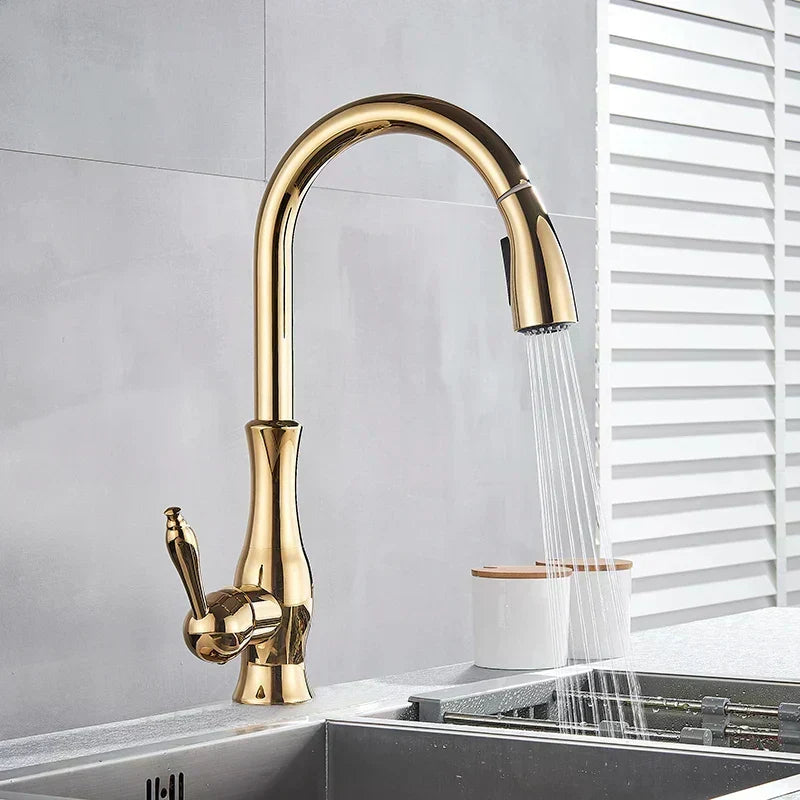 Grifo de cocina extensible, giratorio de latón cromado para fregadero moderno.