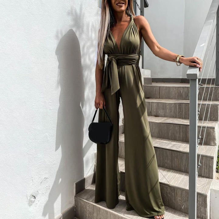 Mono ancho para mujer con escote cruzado, pierna fluida y caída elegante. Estilo moderno, ideal primavera/verano.