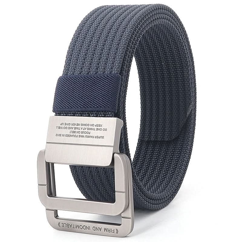 Cinturón de lona unisex ajustable con hebilla doble anillo metálica. Ideal para estilo casual.