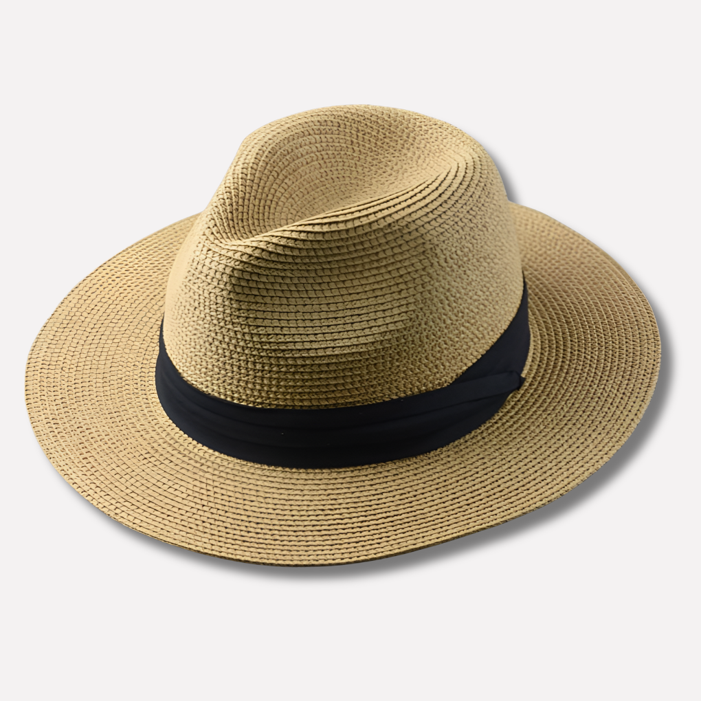 Accesorio de moda: Sombrero Panamá de paja para hombre. Estilo elegante y casual, ideal para complementar atuendos de verano.
