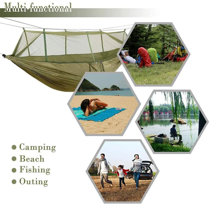 Descansa tranquilo en tu hamaca portátil con mosquitera, esencial para camping y senderismo al aire libre.