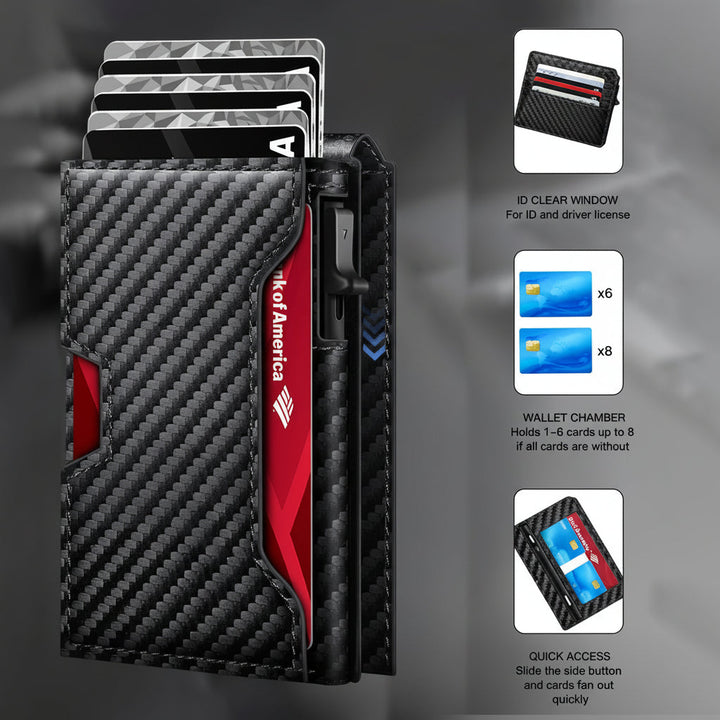 Cartera hombre minimalista con diseño fibra de carbono. Delgada, ofrece seguridad y protección RFID.