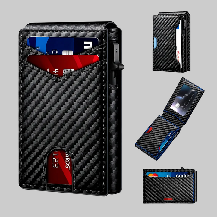 Cartera delgada para hombre con bloqueo RFID, diseño de fibra de carbono. Minimalista y segura.