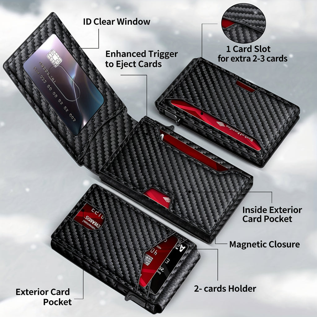 Portatarjetas RFID de fibra de carbono para hombre, diseño PU. Cartera delgada con protección.