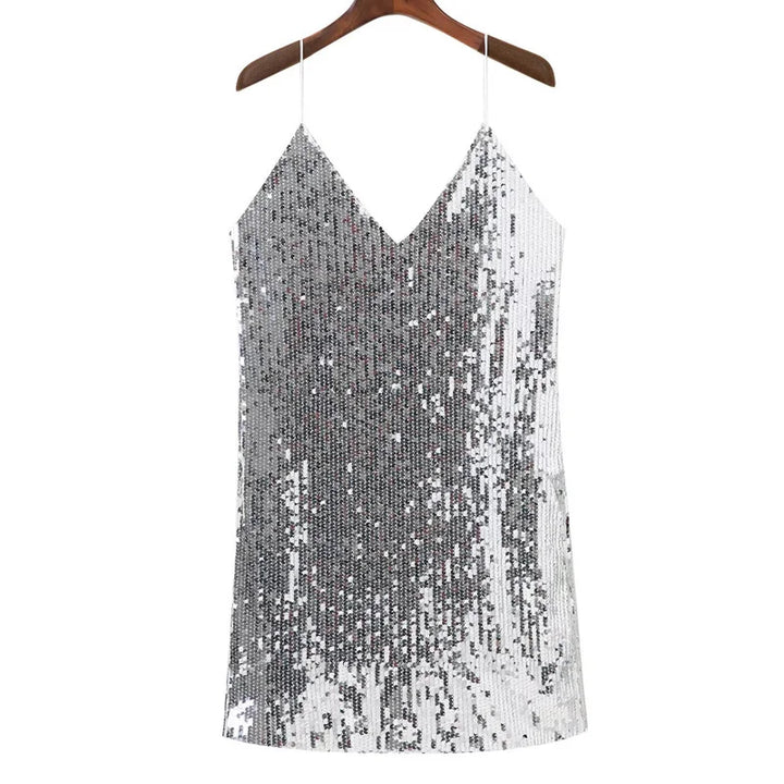 Moda mujer: Vestido corto brillante de lentejuelas, elegante escote V para fiesta, noche y cóctel.