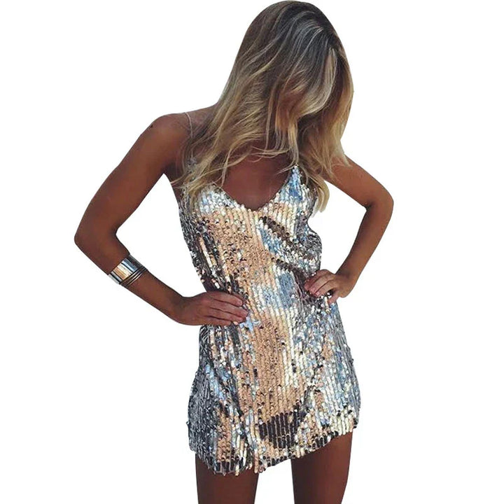 Vestido corto de lentejuelas con escote en V, glamuroso para fiesta, celebración y moda de noche.