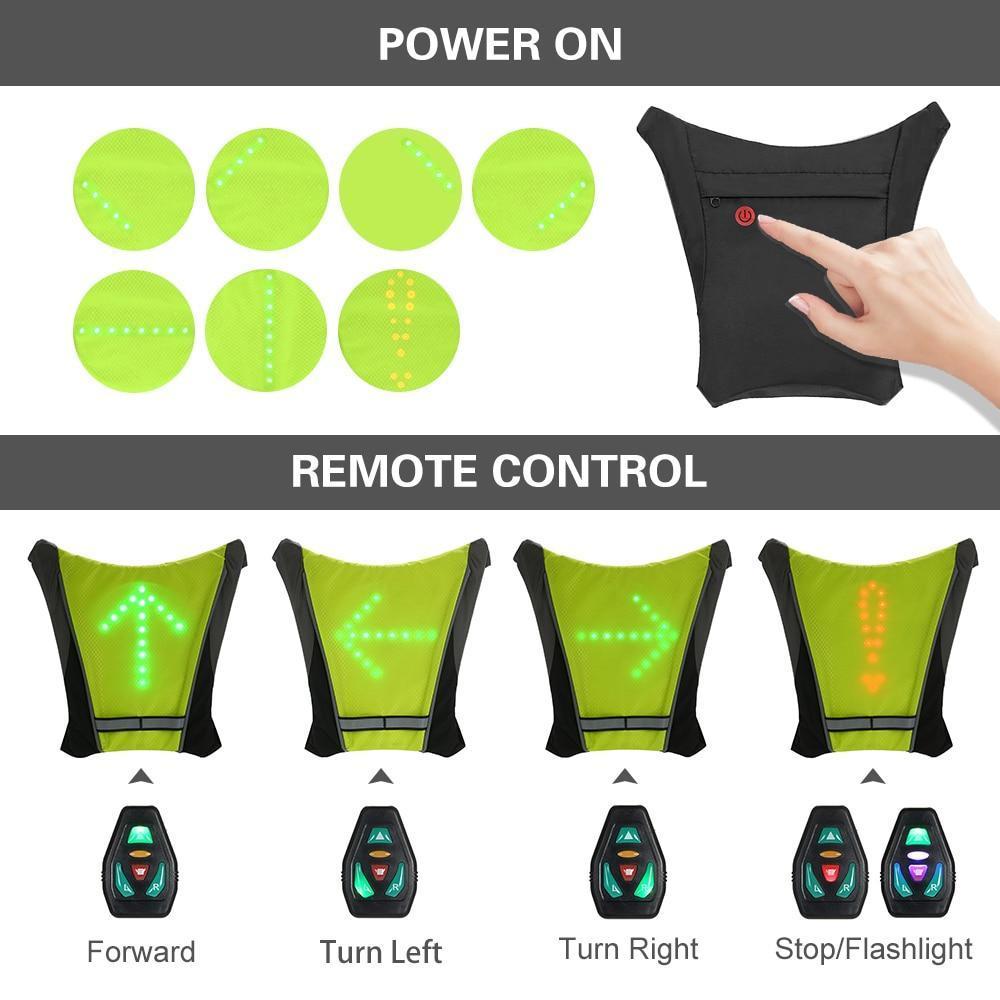 Diseño trasero de chaleco LED reflectante para ciclismo, mostrando flecha de giro a la izquierda.