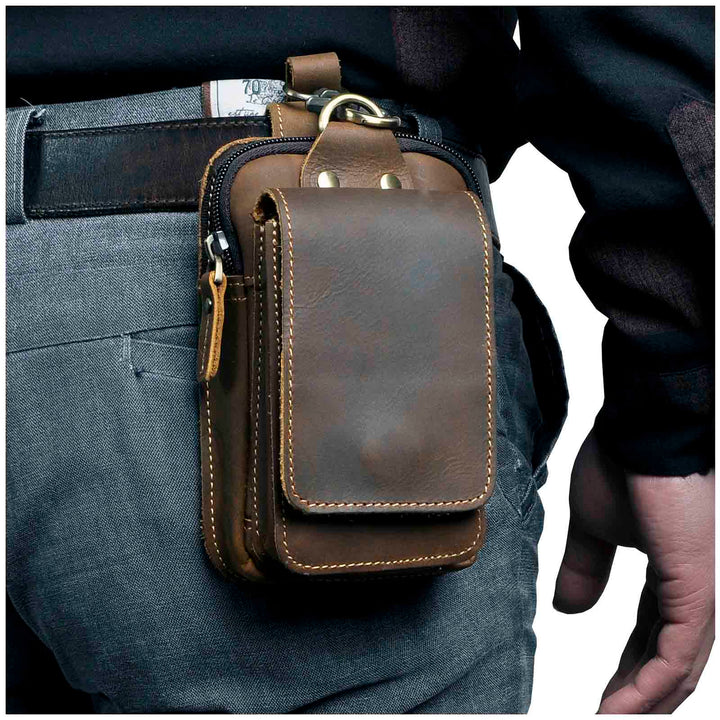 Riñonera de cuero sintético marrón para hombre, estilo urbano, perfecta para viajes y uso diario.