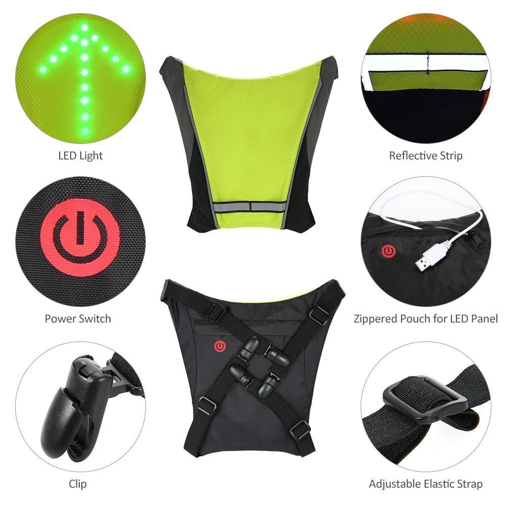 Chaleco LED unisex para ciclismo, alta visibilidad nocturna, con flechas de giro luminosas.