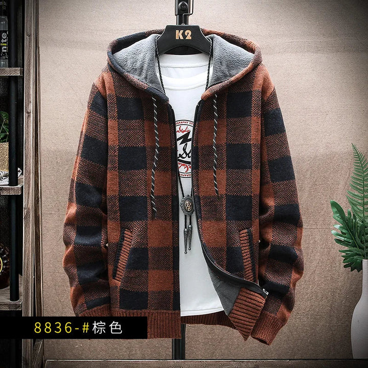 Abrigo de invierno para hombre: chaqueta a cuadros con capucha y cremallera frontal. Cálida y perfecta para el frío.