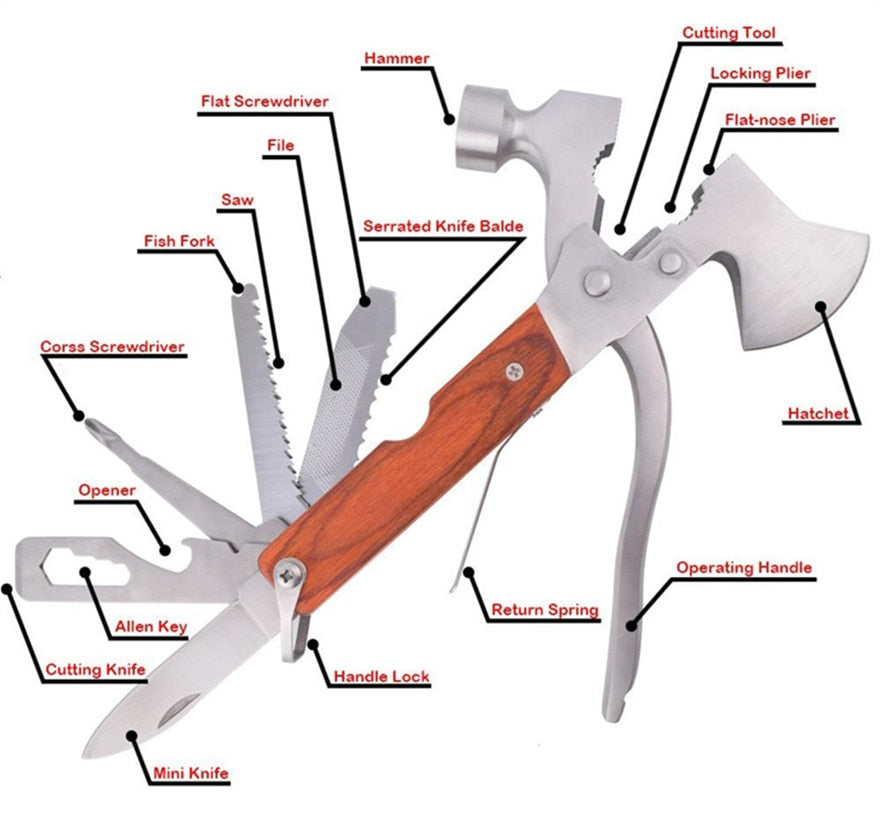 Martillo de camping robusto de acero, herramienta multifuncional para supervivencia en exterior.