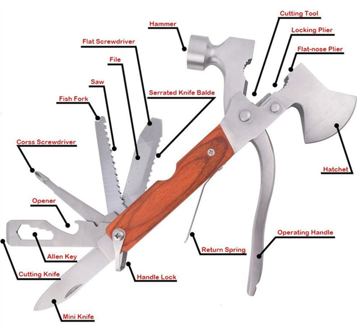 Martillo de camping robusto de acero, herramienta multifuncional para supervivencia en exterior.