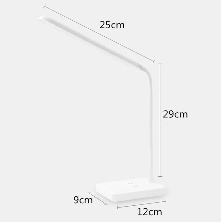Lámpara de escritorio LED táctil regulable. Diseño portátil y moderno con puerto USB y soporte para teléfono, ideal para estudio.