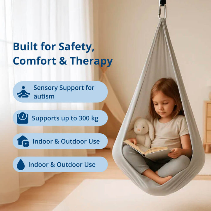 Columpio sensorial suave para niños, perfecto para la relajación y el desarrollo infantil en casa.