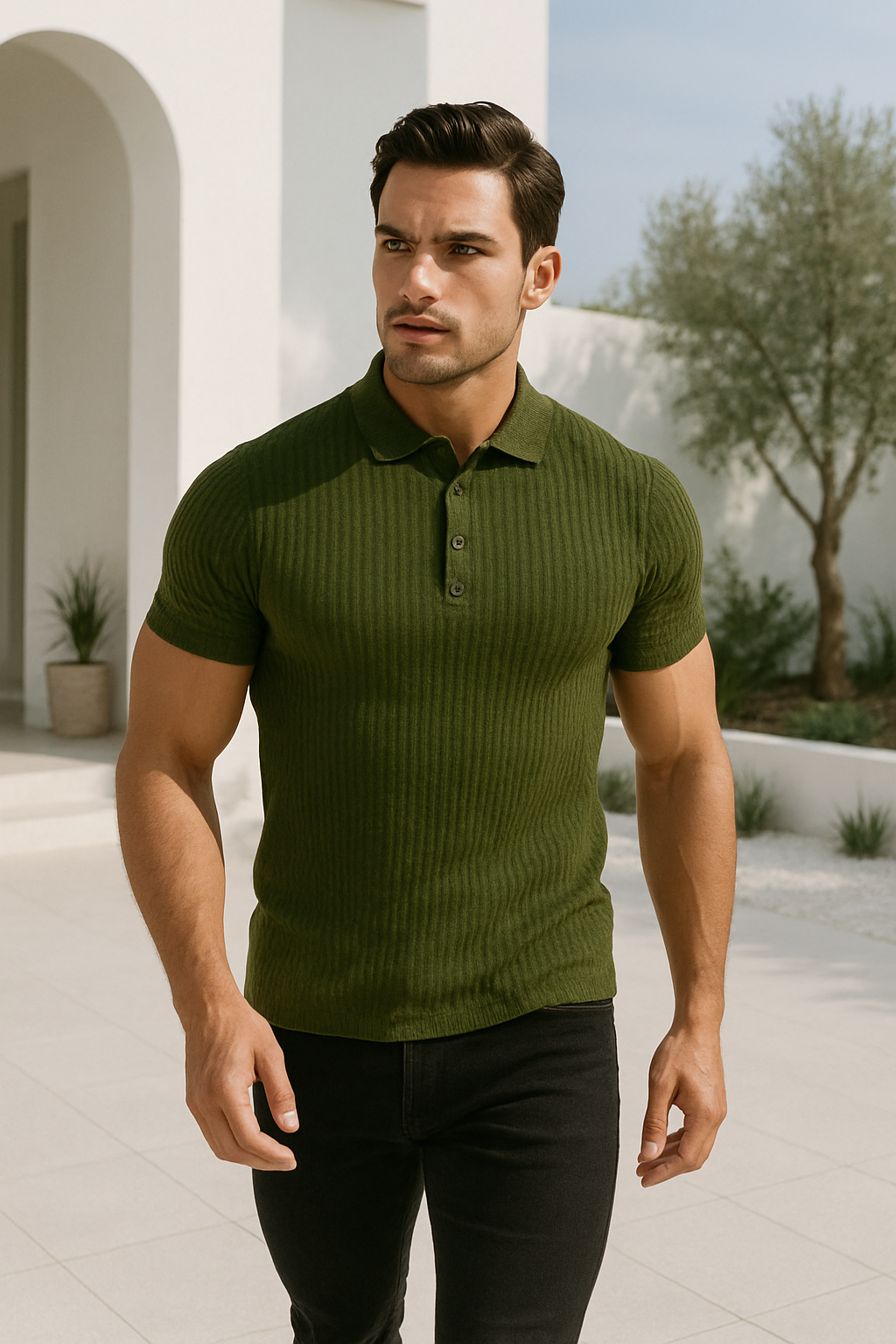 Elegante polo casual entallado para hombre, ideal para un look moderno de verano. Algodón transpirable.