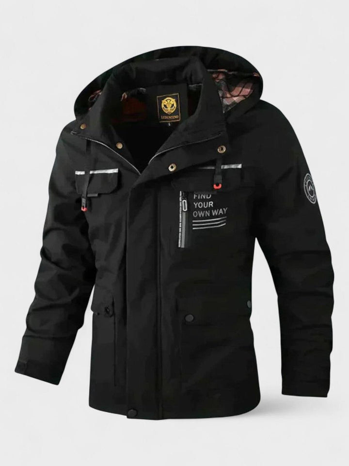 Abrigo de invierno masculino resistente al viento con capucha y diseño acolchado casual.