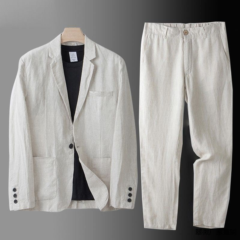 Traje de lino para hombre, azul claro, ideal para verano. Elegancia fresca y ligera para boda o eventos casuales.