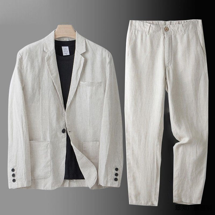 Traje de lino para hombre, azul claro, ideal para verano. Elegancia fresca y ligera para boda o eventos casuales.