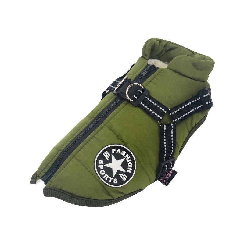 Ropa perro de invierno con aislamiento térmico y arnés seguro. Ideal para paseos en el frío. Confort para mascota.