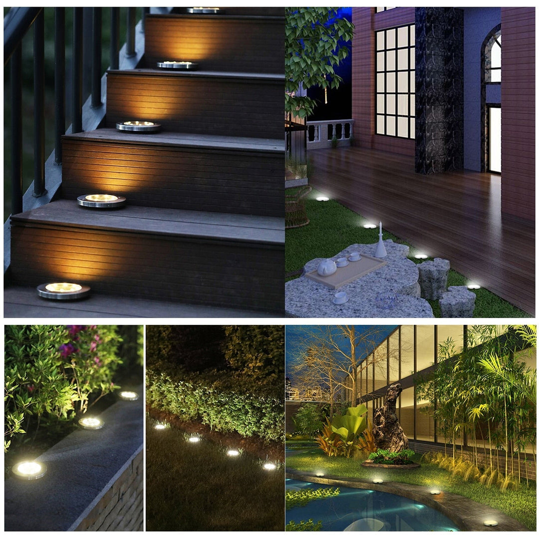 Diseño moderno de lámparas solares LED en estacas para jardín, recargándose durante el día con energía solar.
