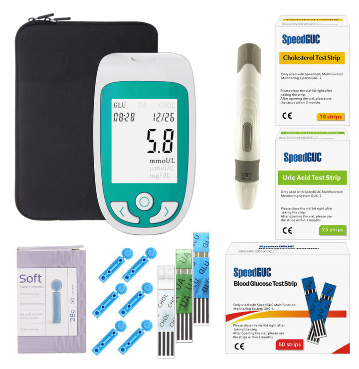 Kit de diagnóstico fácil de usar para control de colesterol, glucosa y ácido úrico en casa.