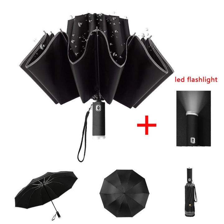 Paraguas antiviento con linterna LED integrada y apertura automática, esencial para días de lluvia y seguridad.