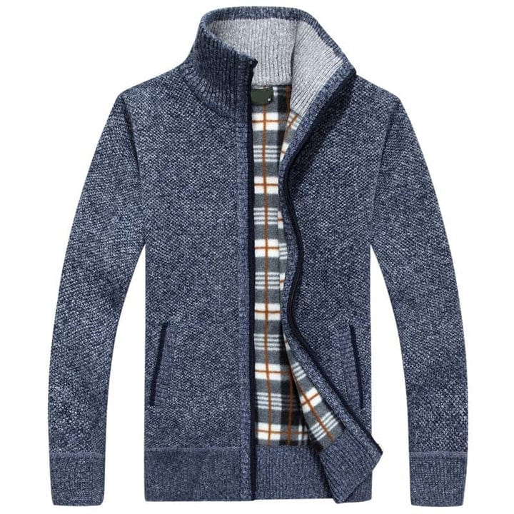 Chaqueta de punto gris para hombre con cremallera, estilo casual y moda versátil otoño-invierno.