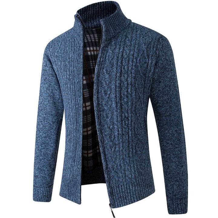 Espalda de chaqueta de punto de hombre, diseño casual, ideal como abrigo ligero y cómodo.