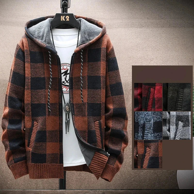 Chaqueta de hombre a cuadros, con capucha y cierre de cremallera completo. Ideal para el invierno y estilo casual.