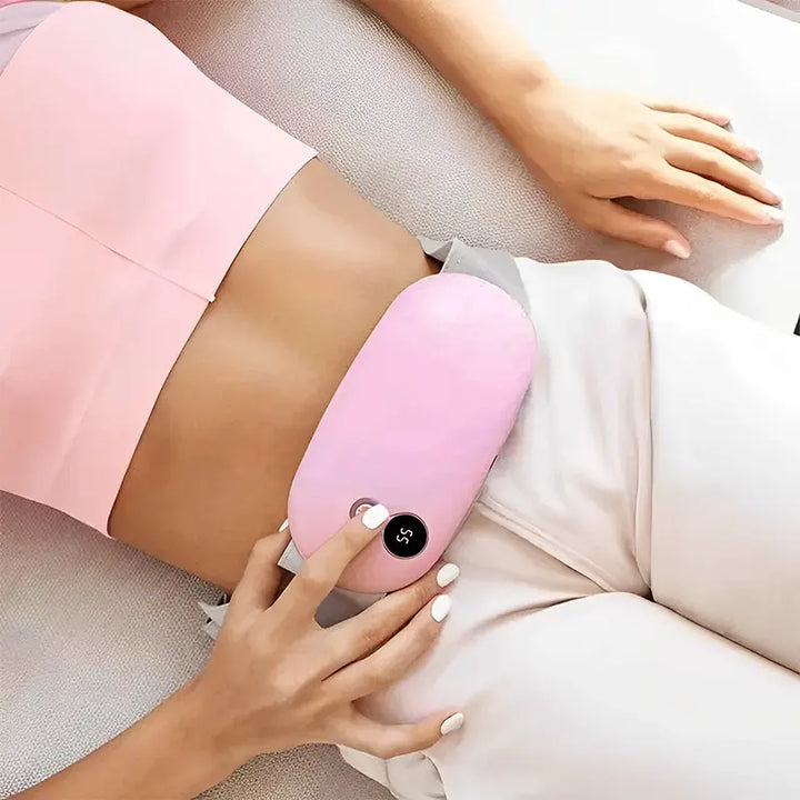 Almohadilla térmica menstrual portátil, inalámbrica y recargable para alivio de cólicos y dolor de periodo.