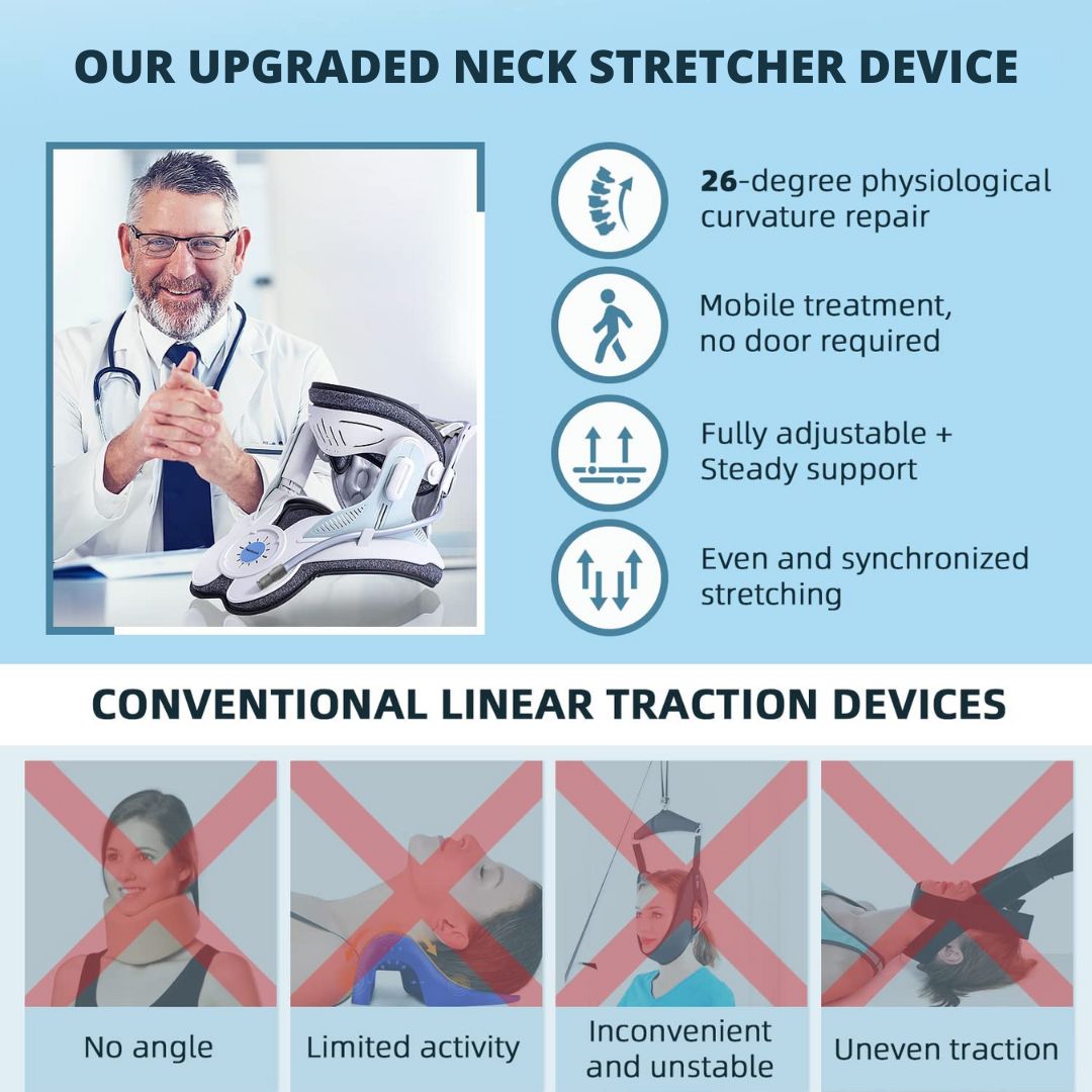 Estirador de cuello ajustable, ideal para alivio del dolor, tracción cervical y mejora de postura.