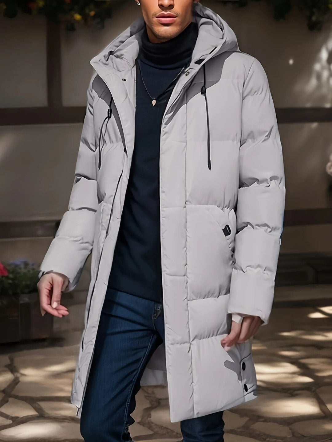 Abrigo largo de invierno acolchado para hombre con capucha, color verdemilitar, moda masculina.