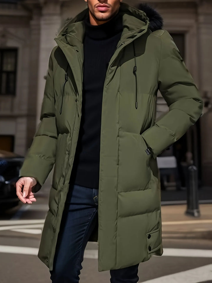 Abrigo de invierno para hombre, largo, acolchado y con capucha, en negro, moda masculina.